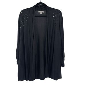 Roz & Ali 2X Black Open Front Knit Cardigan – Silver Studded Shoulder Detail